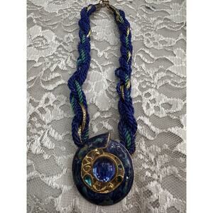 Vintage 80s Designer FLORA Pendant Blue Green Glass Cabochon Nautilus Shell
